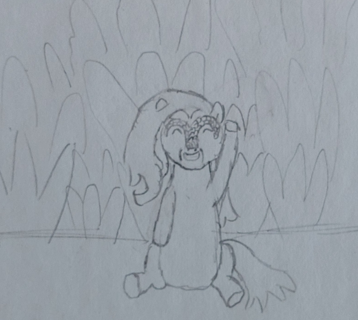 A Herald strikes a silly pose as massive explosions go off behind it.