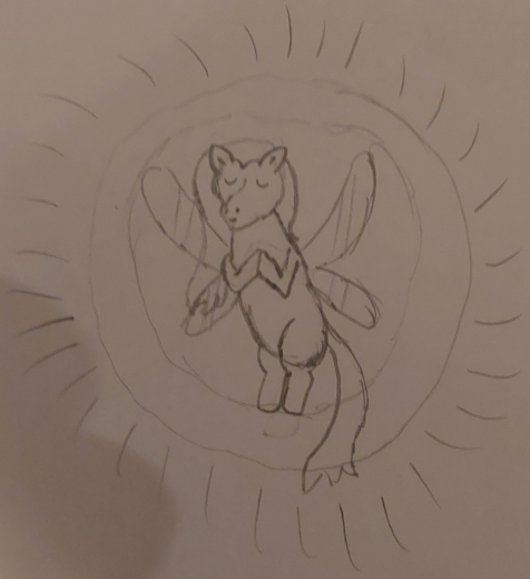 A Wisp floats with clasped front hooves, praying.